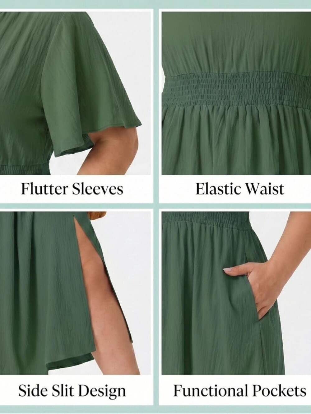 NWT Plus Size Sage Green Boho Maxi Dress 1X | Smocked Waist Pockets - Picture 4 of 6